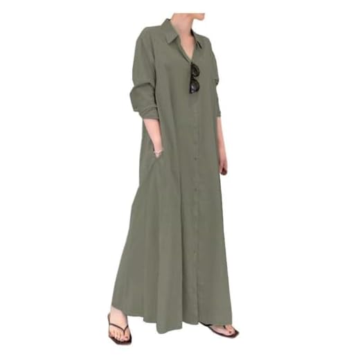 Ladyful Women's Casual Button Down Cotton Linen Long Shirt Dress Green