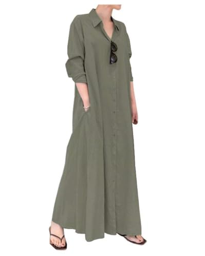Image of Ladyful Women's Cotton Linen Maxi Dress Summer Long Sleeve Shirt Dress