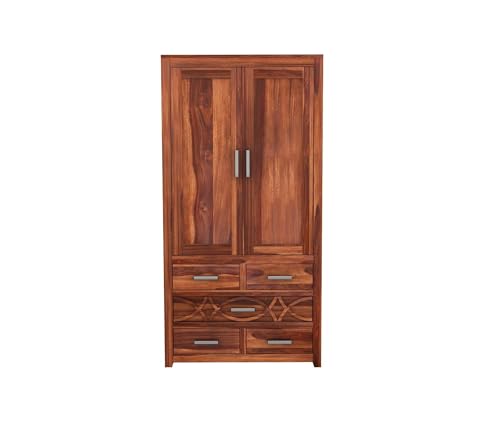 Image of Solid Sheesham Wood 5-Drawer Wardrobe with 4 Shelves & Locker Storage | Almirah for Bedroom - Solid Wood Large Cupboard | Honey Finish