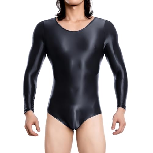 RuiChy Herren Glanzbody langärmlig Einteiler Herren Dessous Bodys Oberteile Unterwäsche Cosplay Kostüm Party Clubwear Nachtwäsche(Schwarz/L)