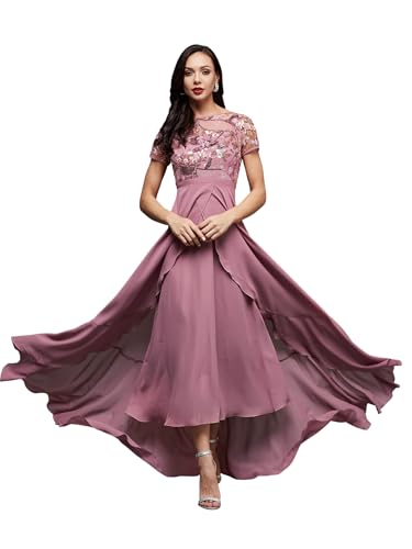 Image of Miss Chase Women's Round Neck Sleeve Embellished Fit Flare Maxi Dress