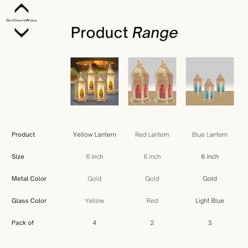 Image of Metal & Glass Elegant Moroccan Lanterns with Lantern Light Lamp and Hanging Lantern Candle Holders for Home Decor Diwali Eid Christmas Festival Gifts (Yellow, Set of 4)