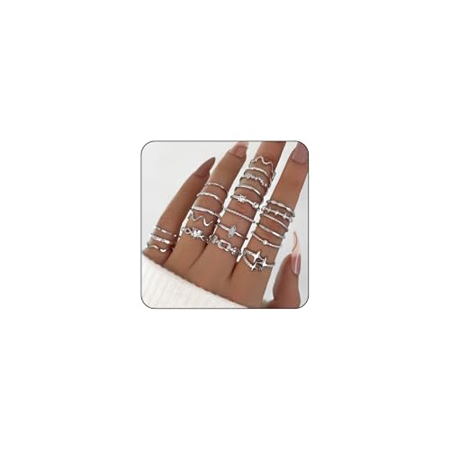FloralGrace 22 Stück Silber Ring Set für Frauen, Wasserfeste Ringe Silber Vergoldete Stapelbare Statement Ringe,Finger Stapelbare Ring, Schicke Silver Rings