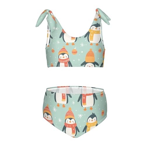 KLL Christmas Pattern Cute Penguins Girl 2 Piece Bikini Sets Scoop Neck Swimsuits Swimming Suits Adjustable Strap