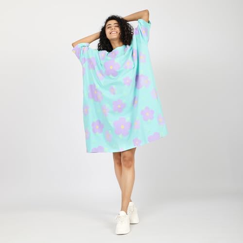 Image of LAMA STORE Women's Printed Oversized T-Shirt Dress, Cotton, 3 /4 Sleeve Length, Casual Loose Fit, Comfort Wear Extra Comfy Oversized Printed Pocket T-Shirt Dress