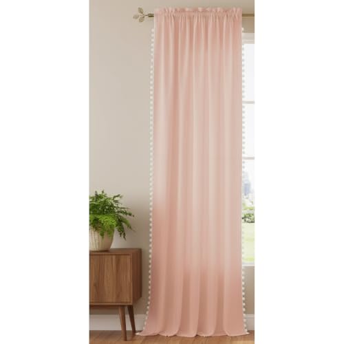 Image of HOMEMONDE Sheer Curtains 6 Feet Long One Piece - Both Sides Pompom Window Curtain, Transparent and Light Filtering, Hang with Rod Pocket - (72 Inch, Peach)