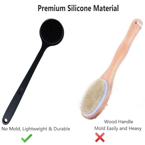 Image of Silicone Bath Brush with Long Handle - Soft Bristles Back Scrubber for Shower | Body Massage - Exfoliating Dirt Removal Brush for Men | Women (BLACK SCALP)