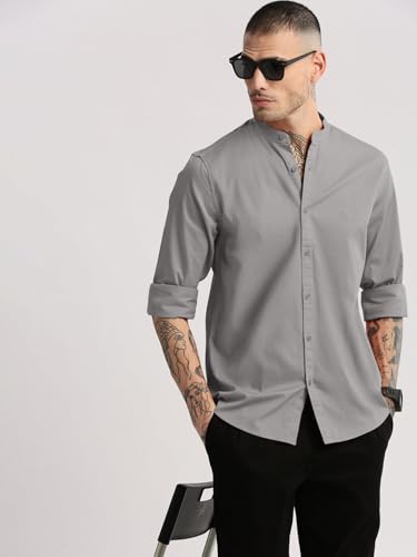 Image of SHOWOFFFF Men Solid Casual Shirt | Mandarin Collar Full Sleeves Cotton Shirt for Mens | Slim Fit Regular Length Shirt for Men's