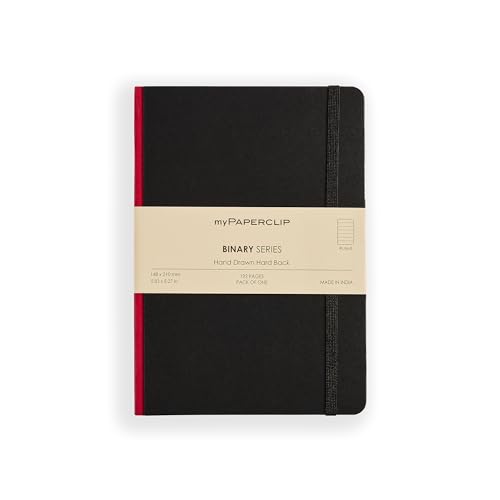 Image of myPAPERCLIP Binary Series - A5 Ruled Notebook | Italian Hardboard Cover | 192 Pages, 80 GSM Paper, A5 (5.83 x 8.27 in) | Thread Bound with Elastic Closure & Bookmark | Red Spine
