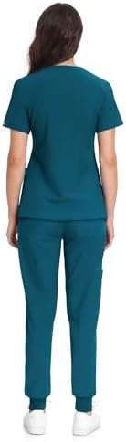 Scrubs for Women Set, V-Neck Top & Jogger Scrub Pants with 11 Pockets-R Caribbean Blue XL - 2