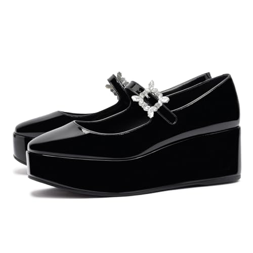 YDN Women's Platform Heeled Mary Janes Closed Toe Wedge Mid High Heels Special Buckled Strap Cute Lady Girls Pump Shoes for Party Prom Cosplay Dress Size 4-16 US3