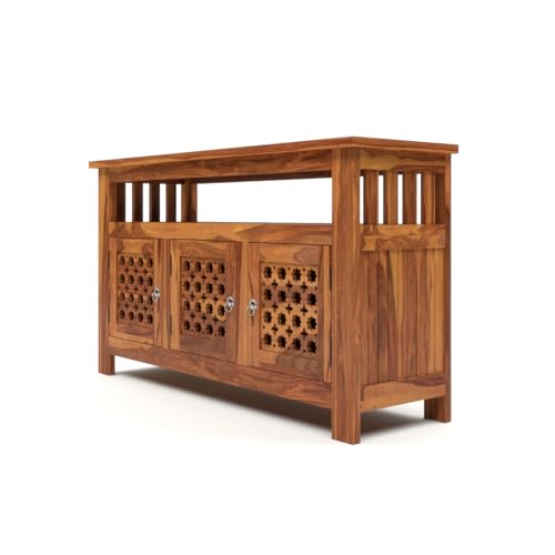 Image of Solid Sheesham Wood TV Unit Cabinet with Carved Doors | Wooden Entertainment Unit for Living Room | Multipurpose Sideboard for TV, Decor & Home Organization (Honey Finish)