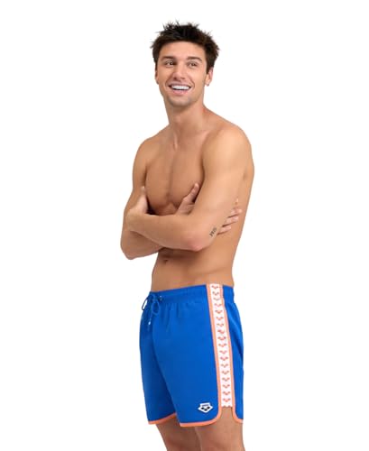 ARENA Men's Icons Team Stripe Beach Short Boxers Swimming Bermuda with Mesh Inner Brief, Back Pocket, Pool Beach Vacation