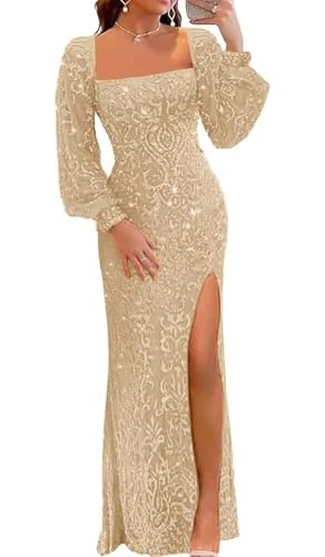 Long Sleeve Sequin Prom Dresses for Women Square Neck Tight Long Formal Evening Party Gown with Slit
