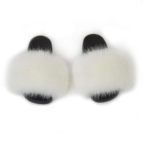 Image of Women's Faux Fur Slides Slippers Fluffy Fuzzy Sandals Open Toe Furry Slide Flip Flop Indoor Outdoor