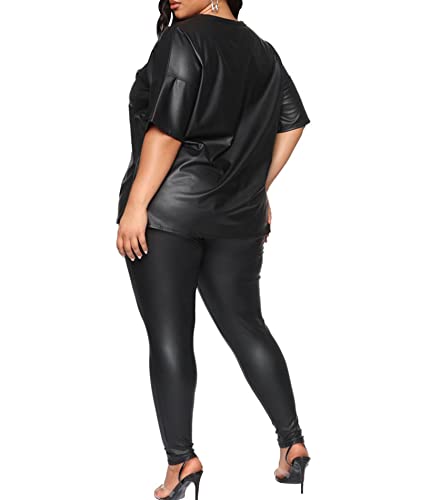 Sexyshine Women's 2 Piece Faux Leather Outfits Short Sleeve Tunic Bodycon Legging Pants Set Chic Club Streetwear Plus Size3
