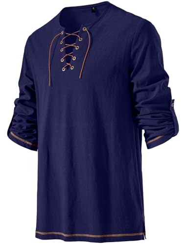 Image of JEMITOP Men's Pure Cotton Vintage Lace Up Shirts for Pirate Renaissance Viking Medieval Costume Without Belt