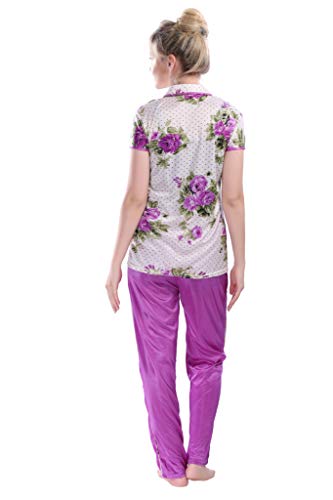 Image of Printed Night Suit for Women - Flower Print Satin Shirt and Pyjama Set (Front Open Collar Night Suit)