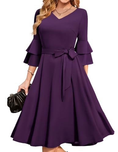 Image of DRESSTELLS Women's Cocktail Dress Summer Wedding Guest Party Vintage 3 /4 Bell Sleeve V Neck A-Line Dress