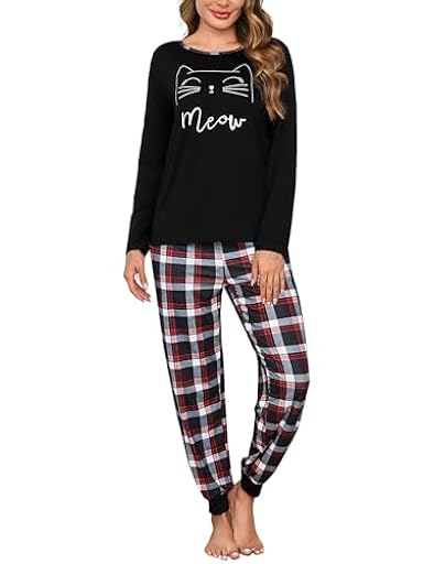 Leversic Pijama de Mujer Invierno 2 Piezas Algodón Conjunto de Pijama Cuello Redondo Top Pijama Manga Larga y Pantalones de Pijama con Bolsillos(Negro,L) | Ya disponible en tu tienda friki favorita! En mundofriki.es!