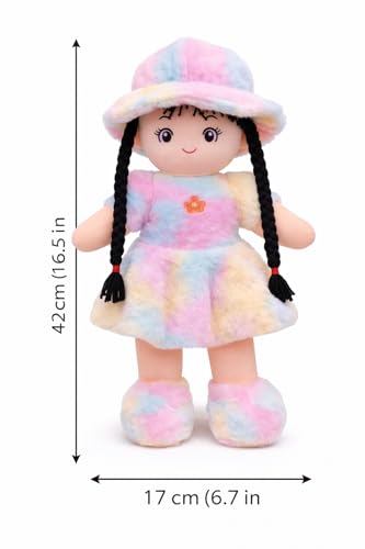 Image of Soft Plush Doll for Kids - Rainbow Pastel Stuffed Toy with Braided Hair & Hat - Cute Fabric Ragdoll for Girls, Toddlers & Babies - Soft Toys for Home Decor, Birthday & Return Gifts (42 cm)