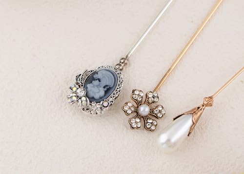 Image of Alilang Classic Vintage 3Pcs Hat Brooch Pin Set with Rhinestone and Pearl Accents for Scarves and Hats Lapel Pin Accessories