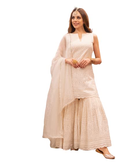 Royal Export Women's Embroidered Cotton Kurta, Sharara & Dupatta(ACH-02)