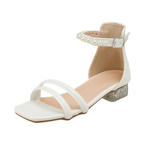 IWIHMIV Girls Sandals Low Chunky Heels Dress Sandals Ankle Strap Open Toe Flower Girl Wedding Party Shoes for Toddler