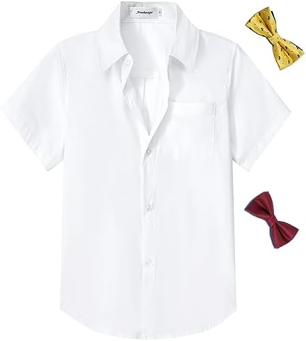 Boys Short Sleeve Dress Shirts Solid Poplin Soft Stretch Fabrics with Two Bow Tie Set
