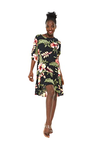 Matchable Couple Hawaiian Luau Shirt or 3/4 Sleeve Ruffle Dress in Black Rafelsia2