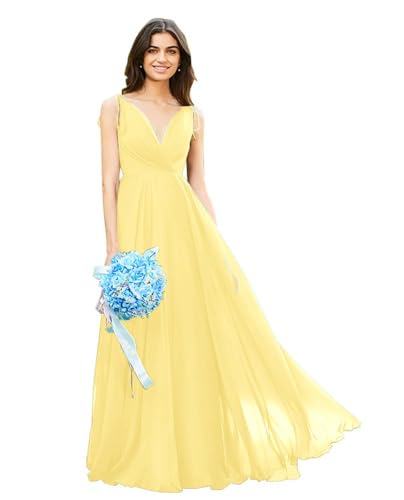 Image of HSFIYAKJ Bridesmaid Dresses Long Chiffon Formal Dress Open Back V Neck Evening Prom Gown for Women with Pockets