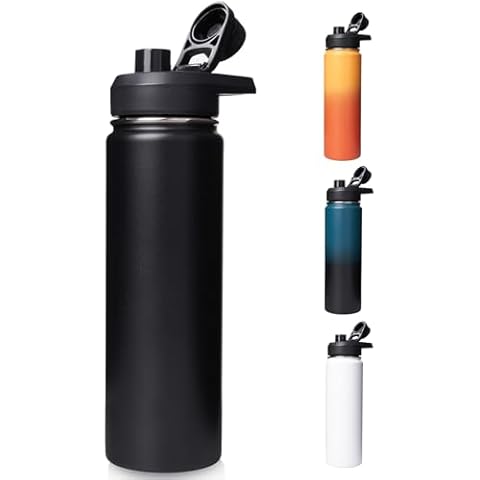 Fijinhom 24oz Insulated Water Bottle with Handle, 304 Stainless Steel Water Bottles with Wide Mouth, Double Wall Vacuum Sports Water Bottle, BPA Free, Keep Cold and Hot, Black Cover