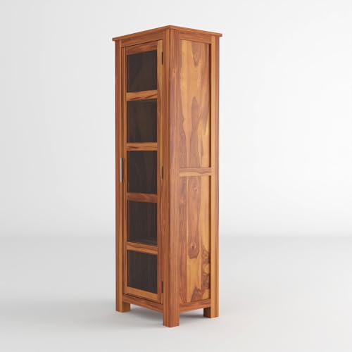 Image of Sheesham Wood Corner Book Shelf with Acrylic Glass Door | Wooden Sideboard Crockery Cabinet with 5 Shelf Storage | Kitchen Display Unit | Bookshelf for Home Library | Honey Finish