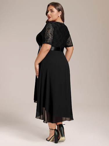 Image of Ever-Pretty Women's V Neck Pleated A Line Lace Chiffon Half Sleeves Midi Plus Size Cocktail Wedding Guest Dresses Black US18