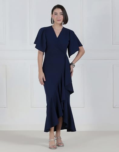 Image of Selvia Wine Flutter Sleeve Bodycon Midi Dress for Women, V-Neck Ruffle Hem Outfit