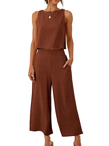 Image of ANRABESS Women's Summer 2 Piece Outfits Sleeveless Tank Crop Button Back Top Cropped Wide Leg Pants Set Pockets