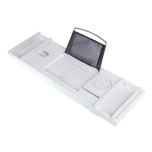 Preisvergleich Produktbild PENGSHAO Bambus Badewannenablage, ausziehbar, Weinhalter, Buchstütze, Seifenablage, Badewannenaufsatz 75-109X23X4.5CM,Weiß