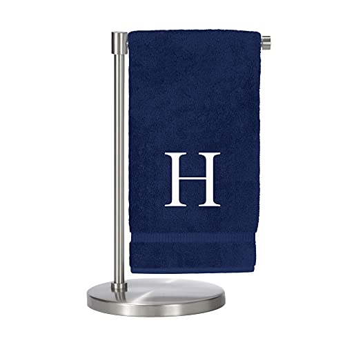 Monogrammed Bath Towel, Personalized Gift, Set of 2- White Block Letter Embroidered Towel - Extra Absorbent 100% Turkish Cotton - Soft Terry Finish - Initial H Navy