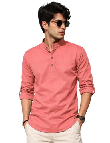 Image of Fifth U Men's Cotton Polyester Blend Solid Mandarin Collar Self Design Full Sleeve Casual Short Kurta