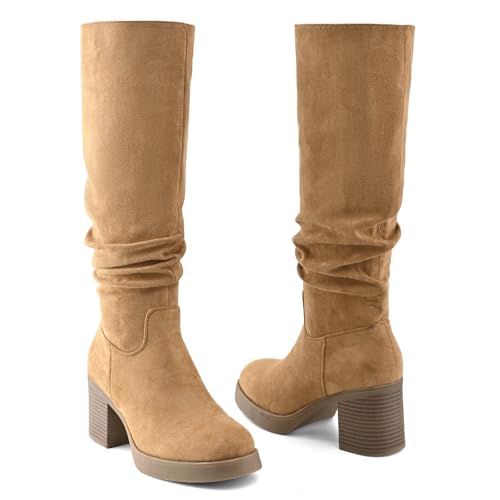 Shoe'N Tale Knee High Boots for Women Chunky Heel Platform Slouchy Stretchy Suede Round Toe with Side Zipper Fall and Winter Fashion Comfortable Boots4