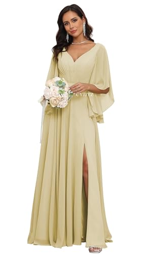 georgette bridesmaid dress Amazon.com: CYJJYZ V Neck Chiffon for Women Wedding Guest Dress Long Ruffles Sleeves Split Flowy Formal Evening Gown US22W Champagne : Clothing, Shoes & Jewelry Size:US 8 | EU 41 Length is based on NH Shoot All Shades of Champagne
