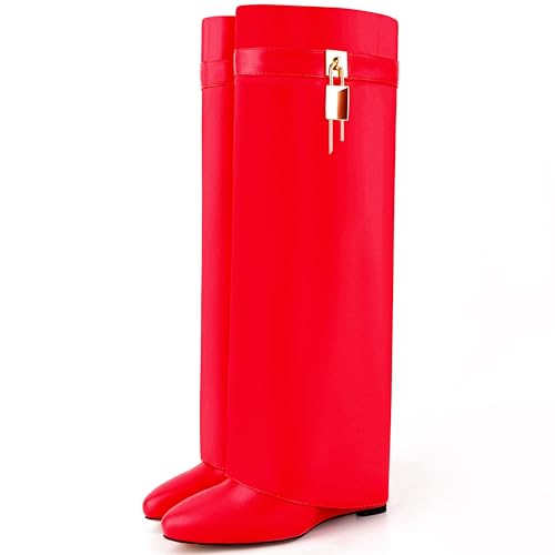 Image of Fold Over Knee High Boots for Women Pointy Pull-on Wedge Heel Knee Shark Boot With Side Zipper Covered Wedge Heel Padlock Boot