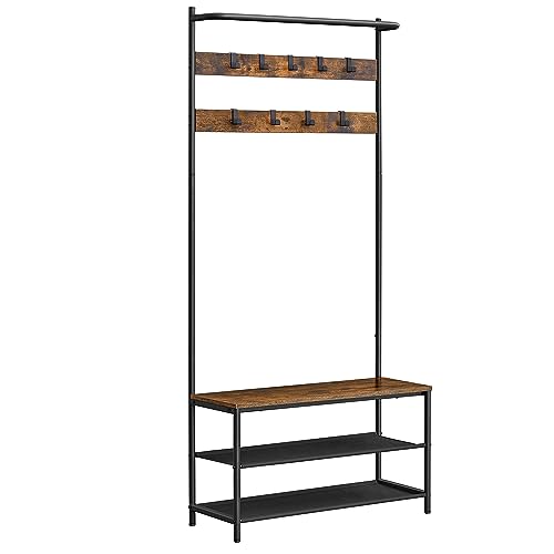 VASAGLE Garderobenständer, Garderobe mit Schuhbank, Kleiderständer, Kleiderstange, 9 abnehmbare Haken, 32,2 x 84 x 180 cm, Industrie-Stil, für Flur Schlafzimmer, vintagebraun-schwarz HSR421B01