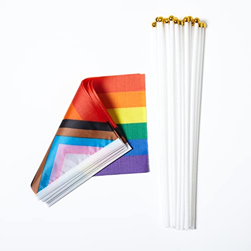 Image of GentleGirl 12 Pack Progress Pride Rainbow Flags Rainbow Small Mini Hand Held Stick Flag Gay LGBT Festival Party Parades Decorations