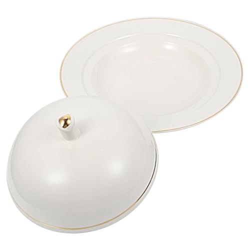 SOLUSTRE 1 Set Elegant Ceramic Food Plate with Lid French Style Steak Dessert Plate for Western Restaurant Use Easy to Clean Reusable