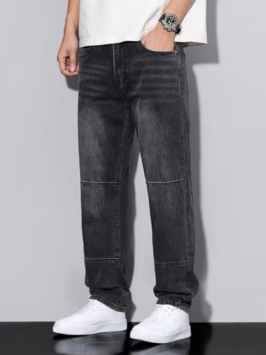Image of Men's Pure Cotton Relaxed Fit Jeans | Washed Black Denim Pants for Men | Straight Leg Casual Denim Trousers | Comfortable Everyday Wear Jeans