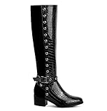 ANN CREEK Women's 'Rucio' Knee High Dress Boots Low Heel Print PU Suede 2-Tone Burgundy Black Block Heel Tall Riding Boots Fashion Chunky Heel Tall Boots Black 8