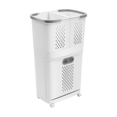 2-Tier Rolling Laundry Hampers, Space-Saving Removable Clothes Hamper Organizer, Modern Grey/White Rolling Storage Cart for Bedroom, Laundry Room, Bathroom