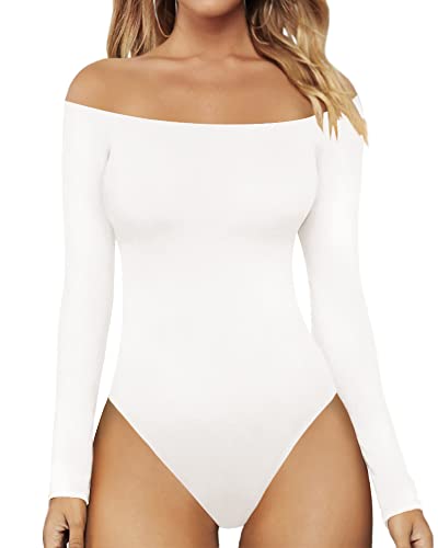 MANGOPOP Womens Off Shoulder Short Sleeve Long Sleeve Tops T Shirt Bodysuit Jumpsuit (B Long Sleeve White, Large)