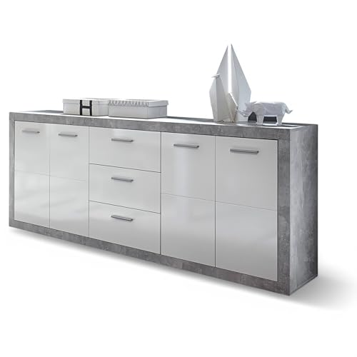 Stella Trading Stone Kommode mit Schubladen in Beton Optik, Weiß Hochglanz - Moderne Kommode mit viel Stauraum für Ihren Wohnbereich